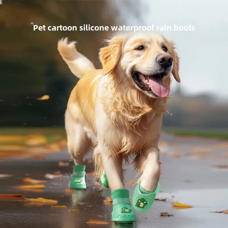 Zapatos de lluvia de silicona con dibujos animados para perros grandes, días lluviosos, antideslizantes, resistentes al desgaste, impermeables, para mascotas