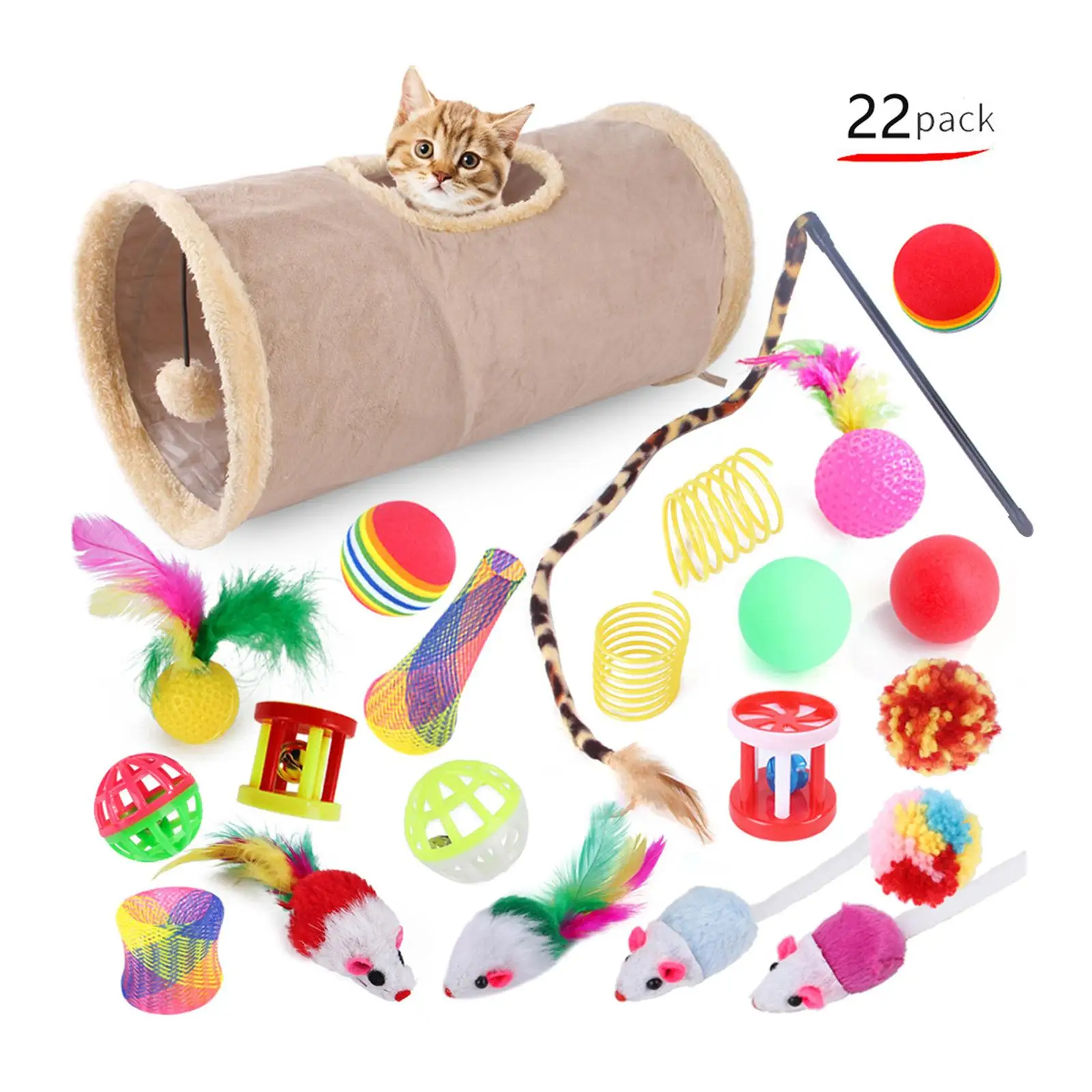 22 Pieces Cat Toys Kitten Toys Assortments Tunnel Feather Teaser Wand