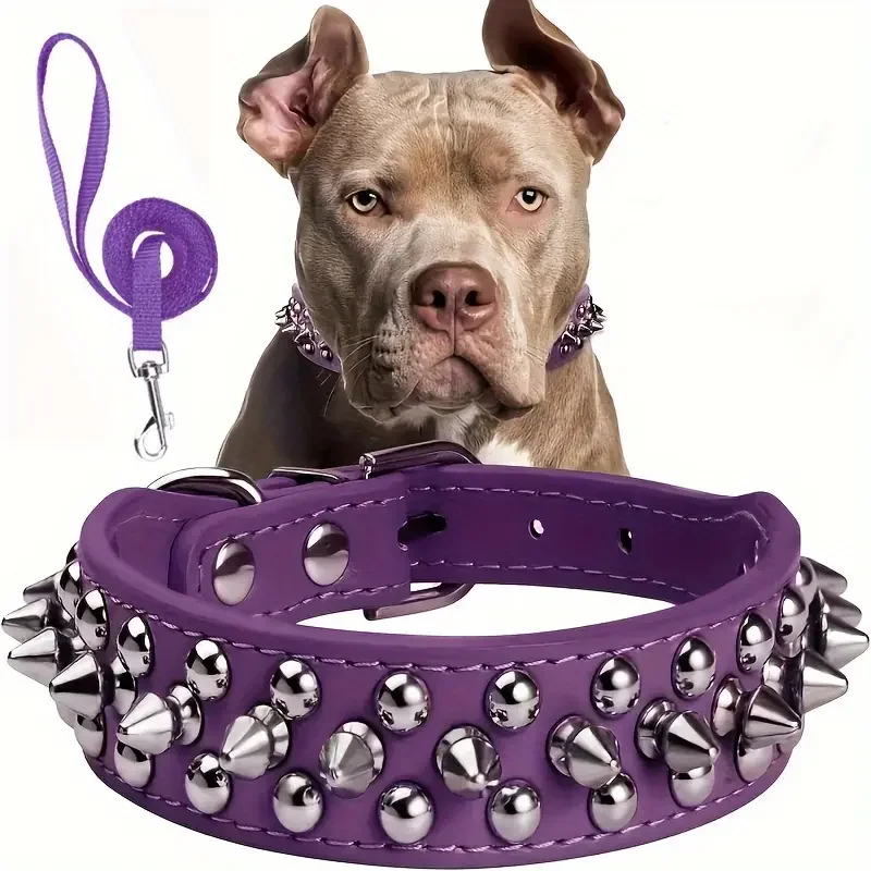 Juego de Collar y correa para perro con pinchos, Collar de perro de cuero con remaches, Collar ajustable para caminar al aire libre - imagen 5