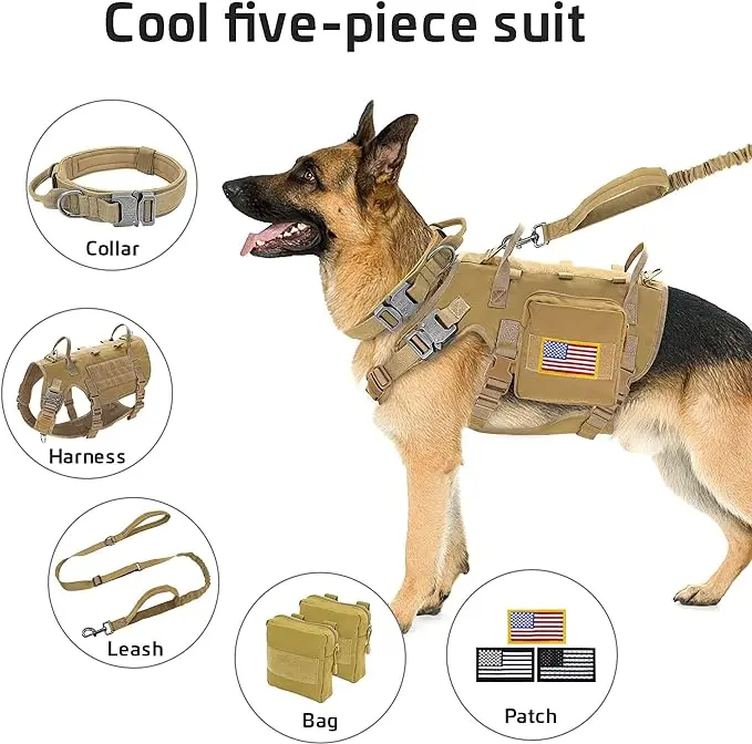 Arnés militar táctico para perros, conjunto de correa y Collar, arnés de entrenamiento duradero para perros grandes, chaleco MOLLE para perros grandes con bolsas, bandera - imagen 2