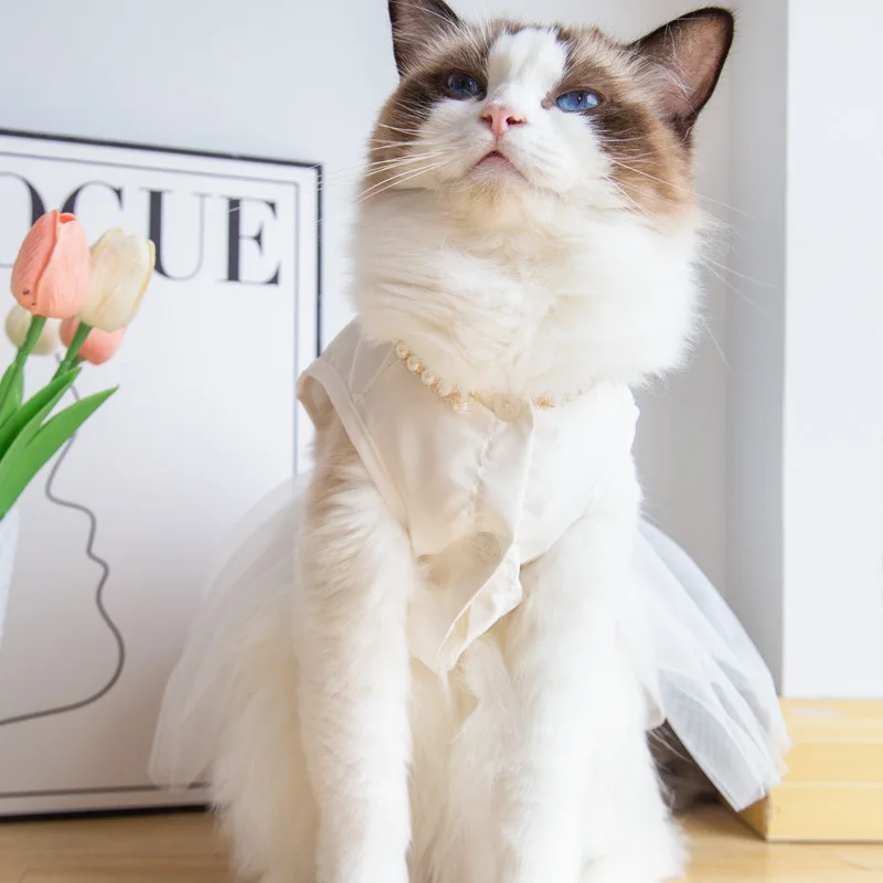 Vestidos blancos para perros y gatos pequeños, disfraz de boda nupcial, vestido de princesa para cachorros con lazo de flores y perlas de lujo, ropa para perros - imagen 5