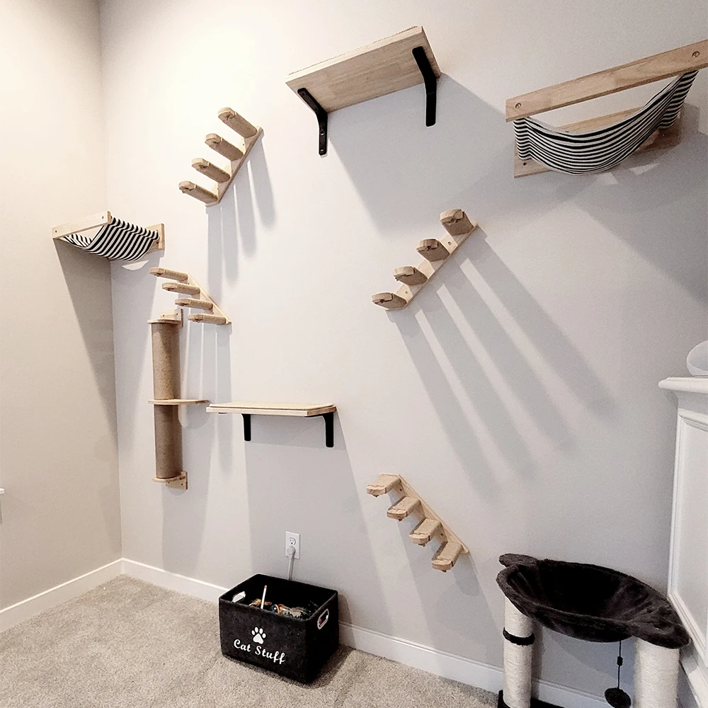 Estantes de madera para gatos montados en la pared y escalera de escalada, juego de hamaca y poste de rascado para gatito, jugando y durmiendo - imagen 2