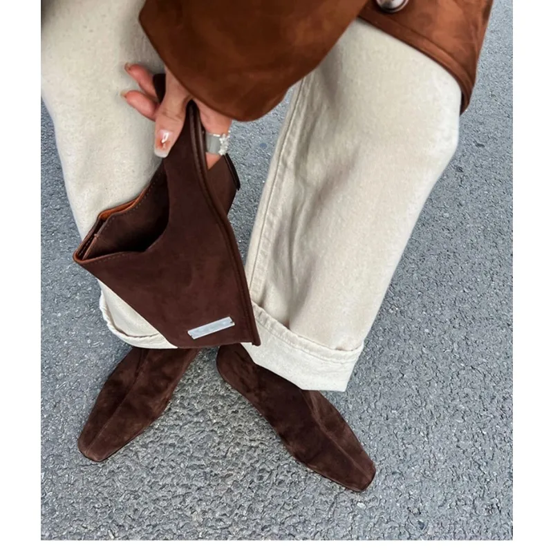 Botines cortos de felpa de invierno para mujer, botines cortos con punta cuadrada a la moda, botines Largas elegantes de tacón bajo para mujer - imagen 5