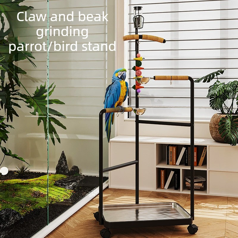 Soporte de suelo para pájaros y loros con cuencos y ruedas móviles