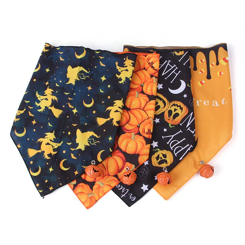 Bufanda para mascotas de Halloween, Bandana para perros y calabazas con campana, toalla triangular divertida para perros y gatos, Baberos para cachorros y brujas, suministros para mascotas de Halloween - imagen 2