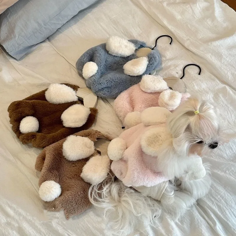 Ropa de invierno de felpa para mascotas, vestido con orejas de conejo para cachorros, ropa de dos piernas, ropa cálida bonita que el oso, abrigo para cachorros, ropa para mascotas