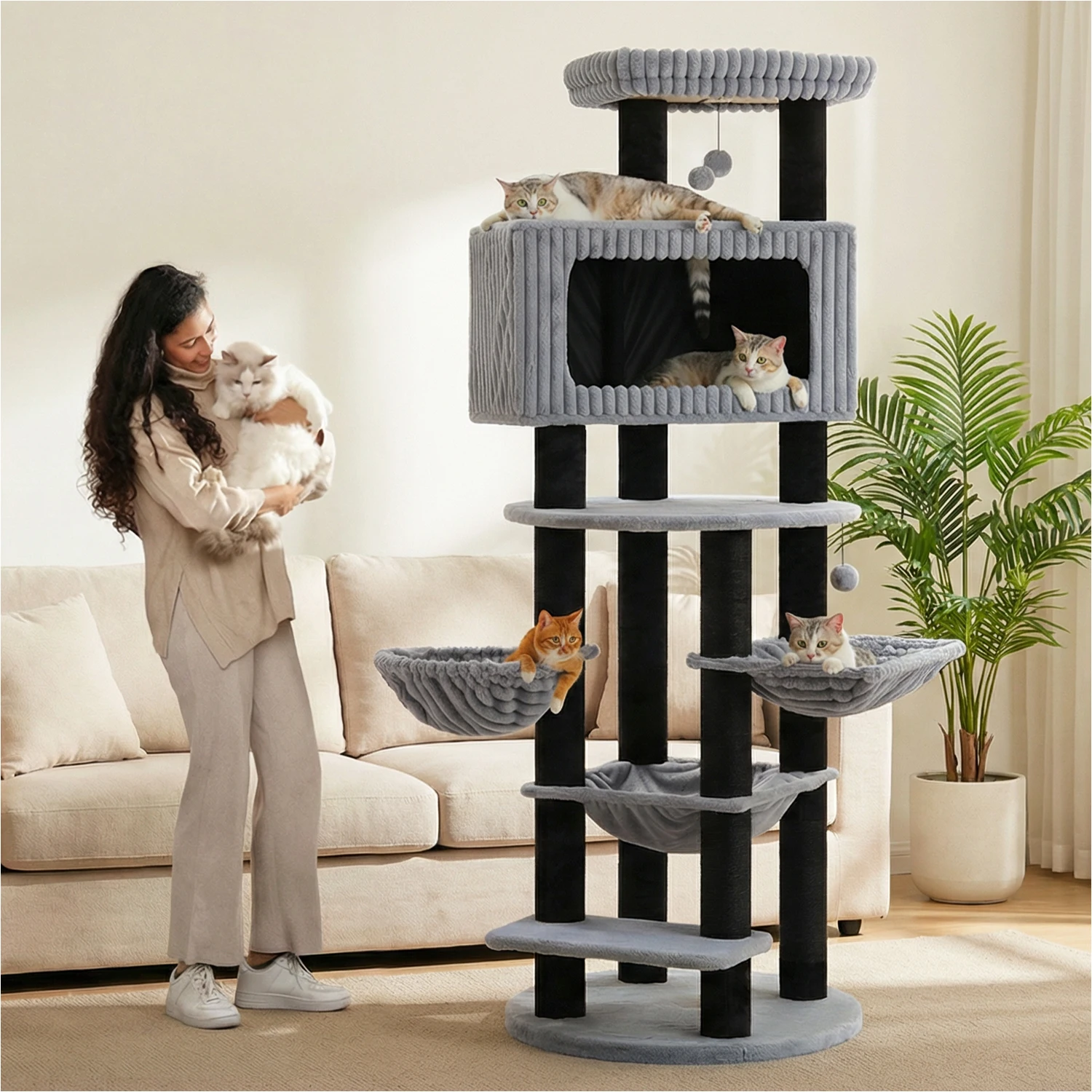 Árbol rascador multinivel para gatos con condominio y plataforma amplia