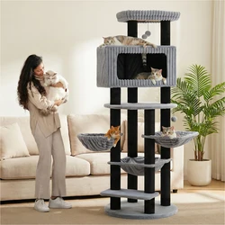 Árbol rascador multinivel para gatos con condominio y plataforma amplia