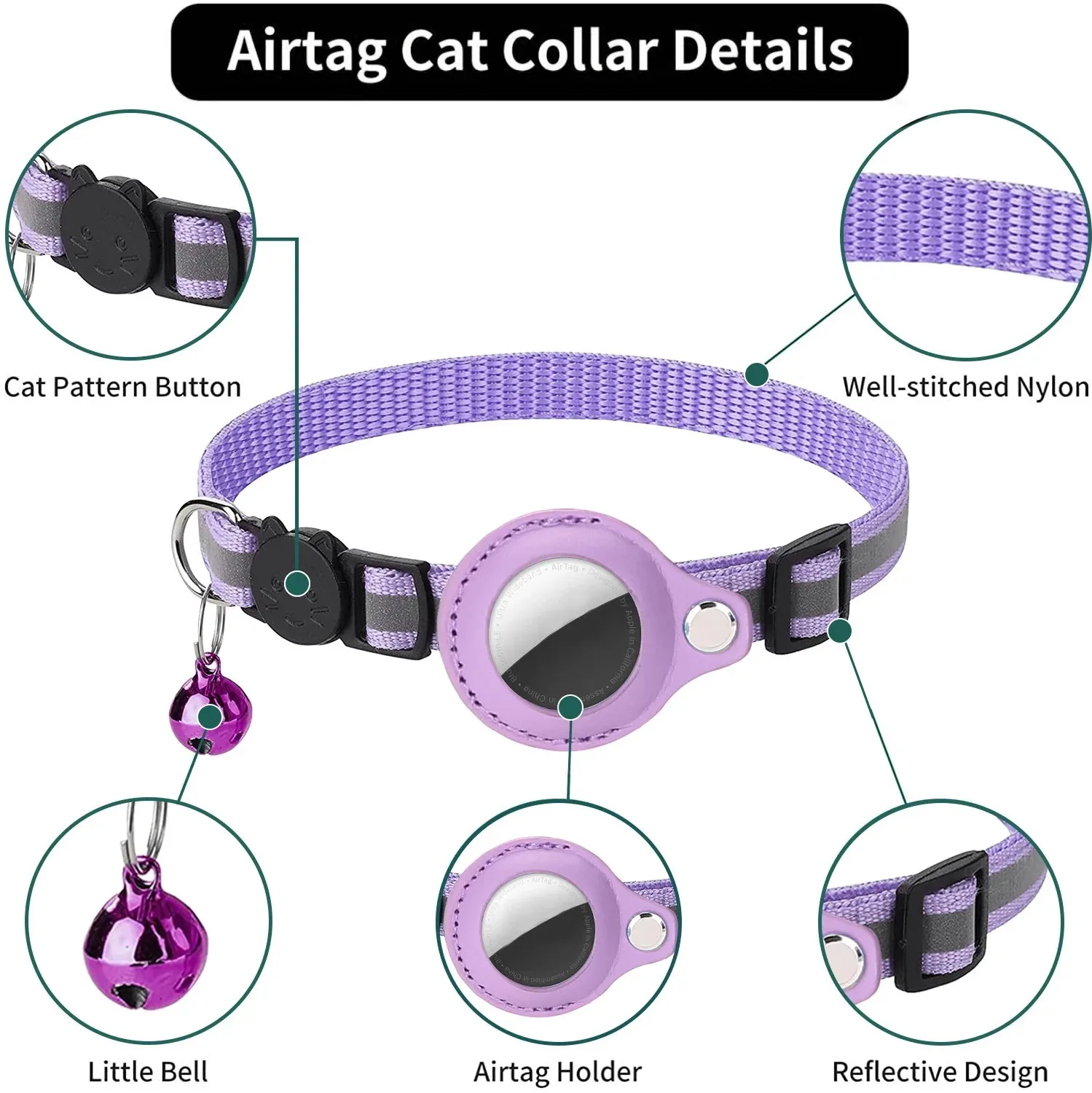Collar con soporte AirTag para gato, tiras reflectantes separables, Collar ajustable para gatito, Collar impermeable con campana para gato, estuche con etiqueta de aire para mascotas - imagen 4