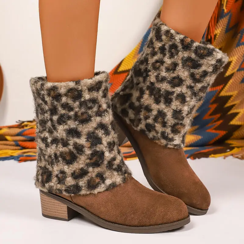 Botas de media pantorrilla de tacón grueso de lana de leopardo para Mujer, Botas cortas de diseñador de ante de lujo para invierno, Botas de talla grande, zapatos para Mujer - imagen 2