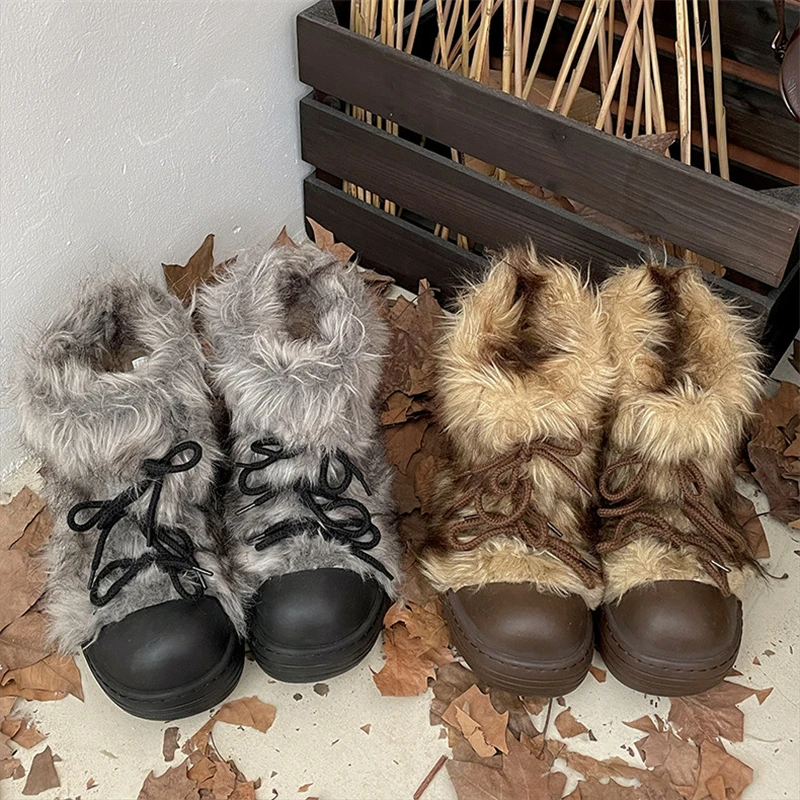 Botas de nieve de felpa con punta redonda para mujer, con cordones, parte inferior gruesa, para mantener el calor en invierno, moda para exteriores, jóvenes - imagen 2