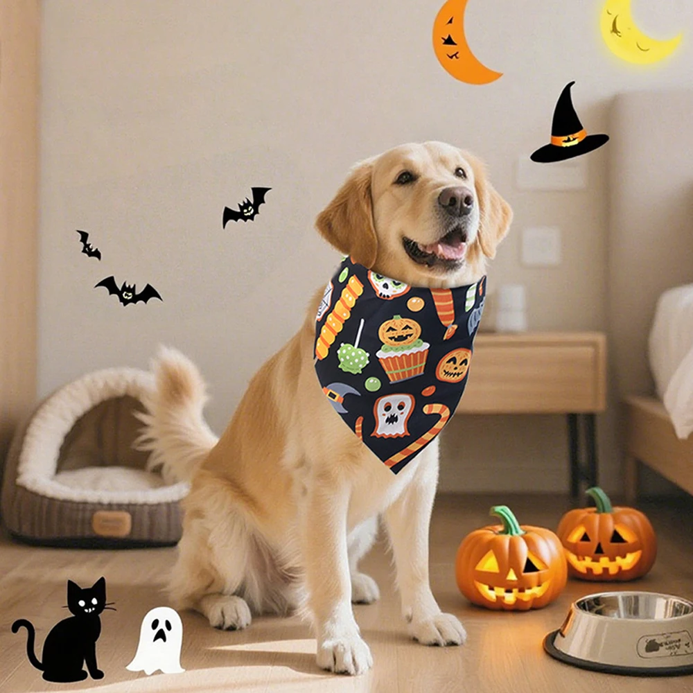 Pañuelos para perros con diseño de calabaza de Halloween, bufandas triangulares, babero transpirable para perros y gatos, razas pequeñas y medianas, para todas las estaciones, 1 ud. - imagen 2
