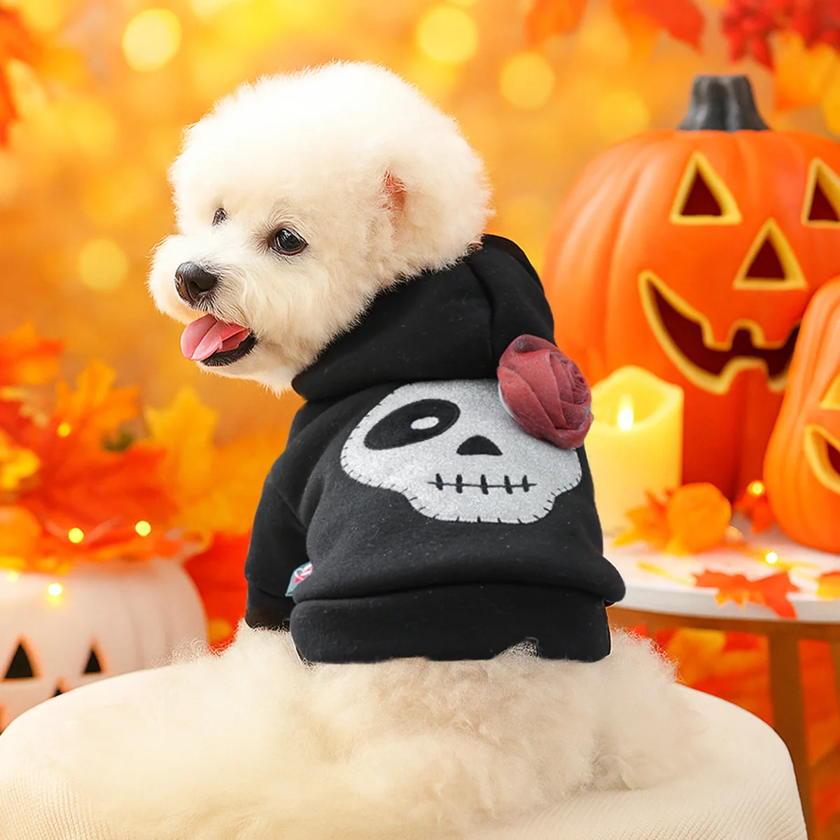 Ropa de Halloween para mascotas, calavera de perro con rosa, Sudadera con capucha para perro con sombrero, ropa elegante para mascotas, ropa de cosplay para mascotas, ropa de fiesta para mascotas