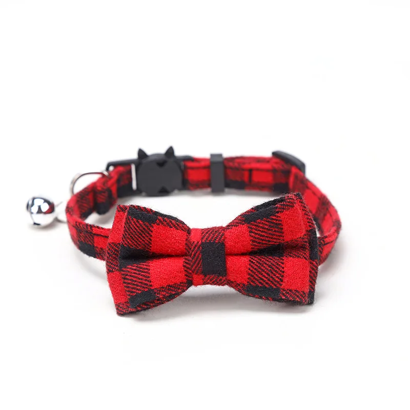 Collar de gato separable para mascotas, pajarita y campana, bonito Collar de perro ajustable elástico rojo de Navidad a cuadros con marco, campana pequeña para gatos