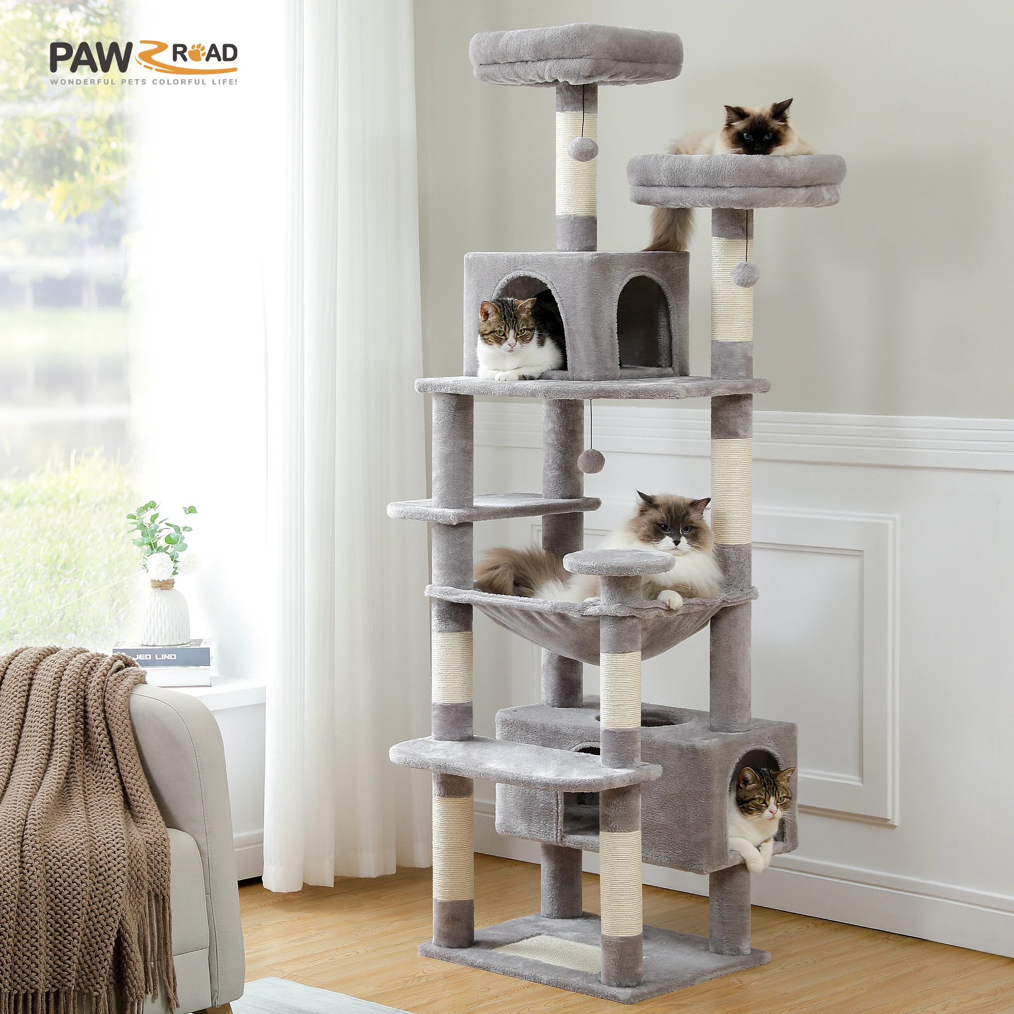 Árbol para gatos alto, torre para gatos de varios niveles con hamaca espaciosa y perchas superiores, Condo acogedor adecuado para gatos de interior, muebles para gatos, juguetes para gatos - imagen 2
