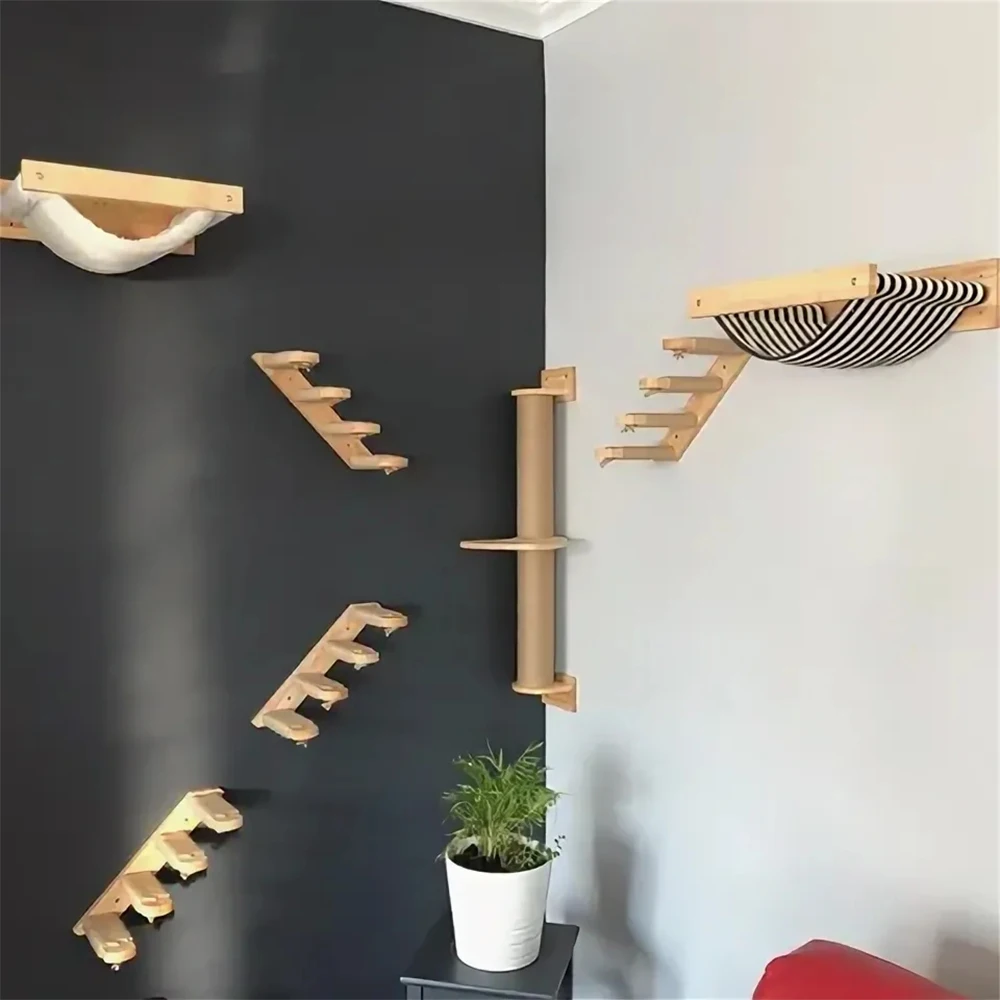 Hamaca Camas para gatos montadas en la pared Paredes de madera para gatitos Muebles Árbol de actividades para gatos con postes rascadores para dormir y jugar