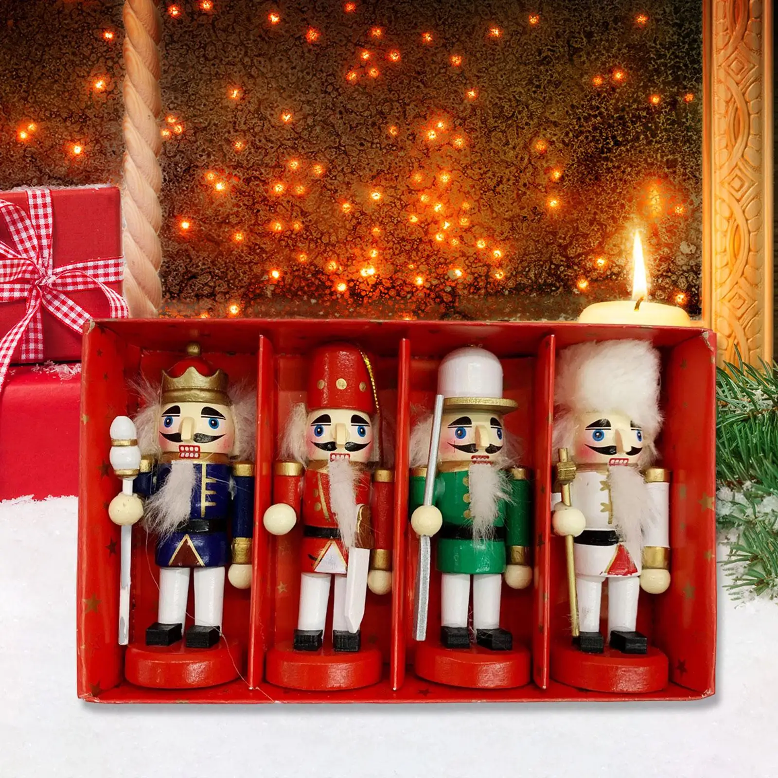 Set of 4 Wooden Christmas Nutcracker Handcrafted Sturdy for Table Display Lightweight Xmas Gift Collection Desktop Decoration