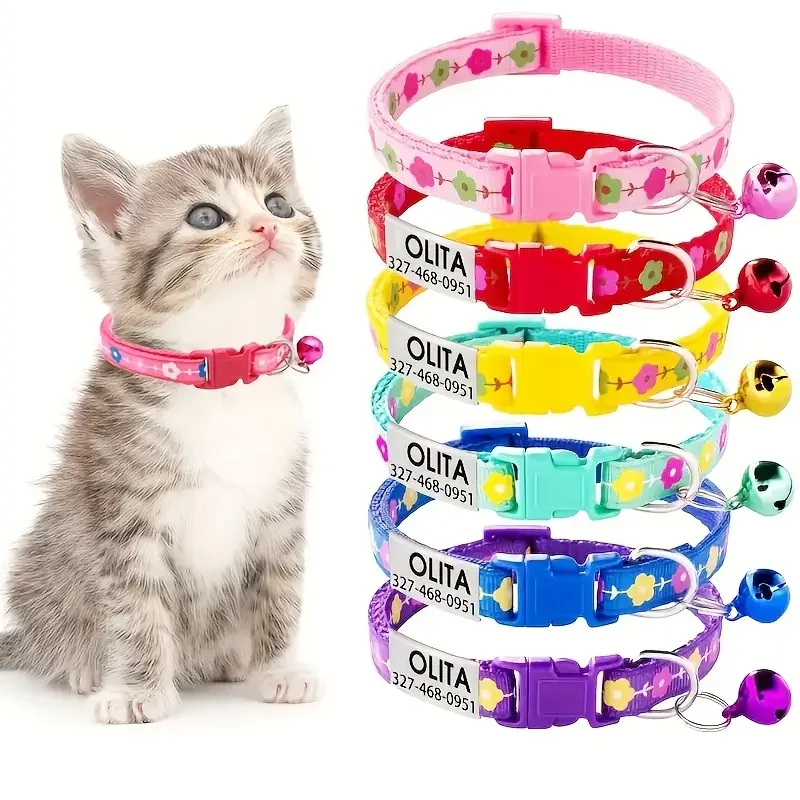 Collar de gato con diseño de flores, ID personalizado, Collar de gatito bonito ajustable con campana, Collar de nailon con grabado gratis para cachorro y gatito