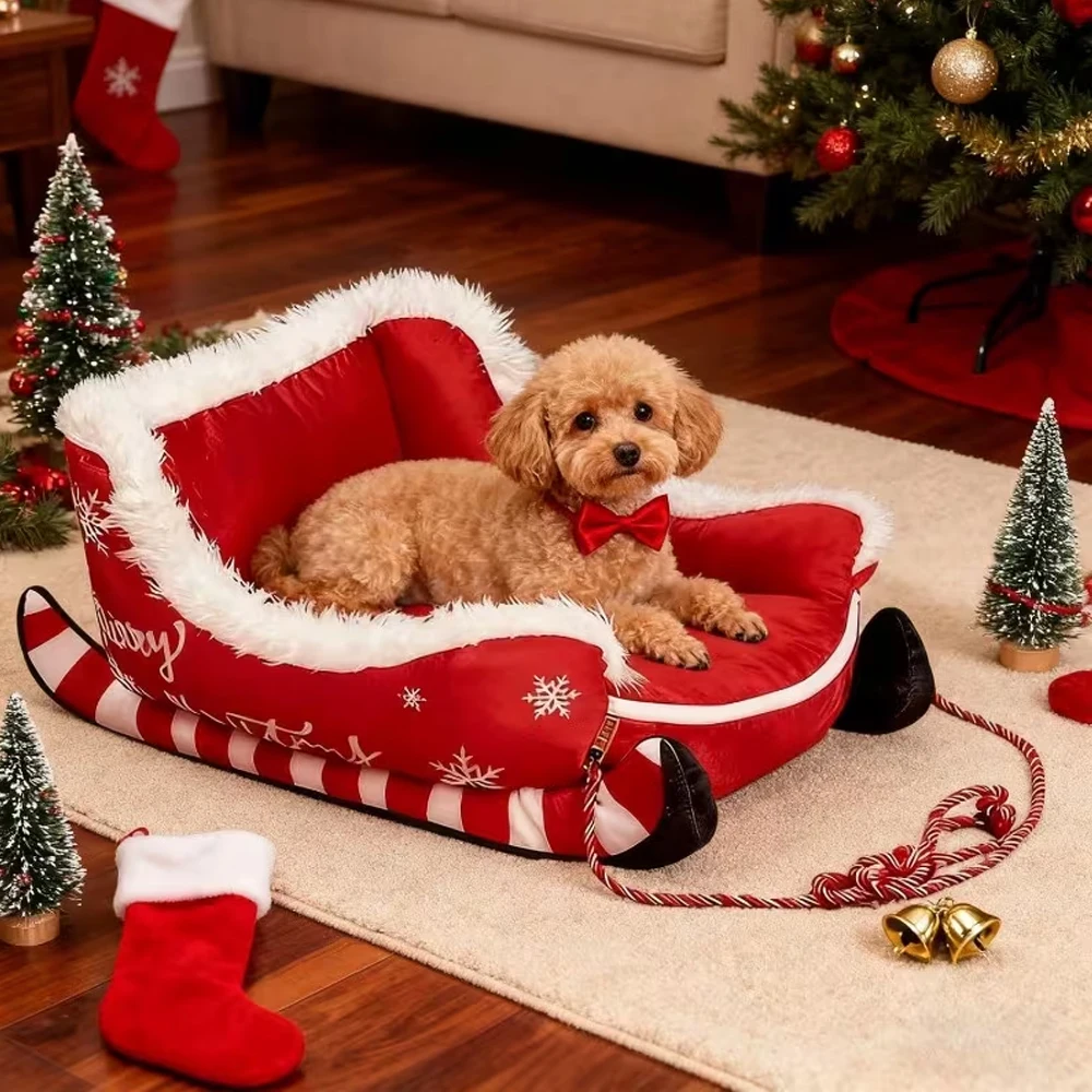 Trineo para gatos, cama para mascotas, regalo festivo de Navidad con diseño de copo de nieve rojo y blanco, cómodo tapete duradero para perros pequeños y gatos grandes - imagen 2