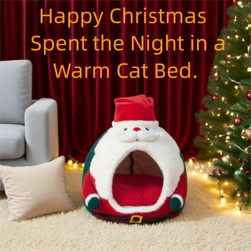 Cama navideña para mascotas, casa de Papá Noel, nido calmante de felpa cálido para perros y gatos, almohadilla para perrera de invierno para gatos de interior, perros pequeños, refugio acogedor