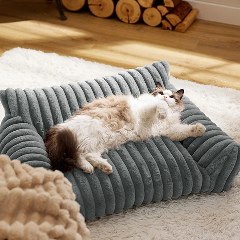 Cama cálida para gatos de invierno, sofá extraíble y lavable, nido para gatos, cama suave a rayas para mascotas para perros pequeños y medianos, cómoda cama para cachorros de peluche - imagen 3