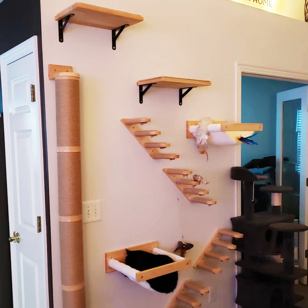 Árbol de actividades para gatos con poste rascador, tablero rascador de yute montado en la pared, hamaca de pino, accesorios para gatos adecuados para jugar - imagen 5