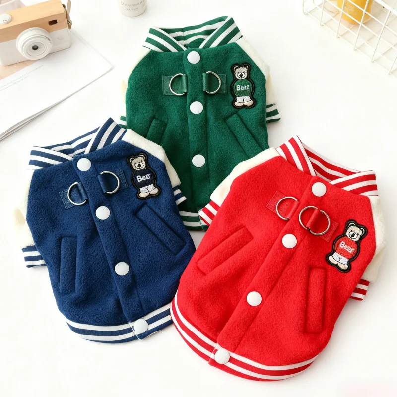 Chaqueta de béisbol con parche de oso para mascotas, chaqueta cálida de lana para perros, abrigo, ropa de invierno para cachorros, Sudadera con capucha suave y bonita para gatos, ropa para perros