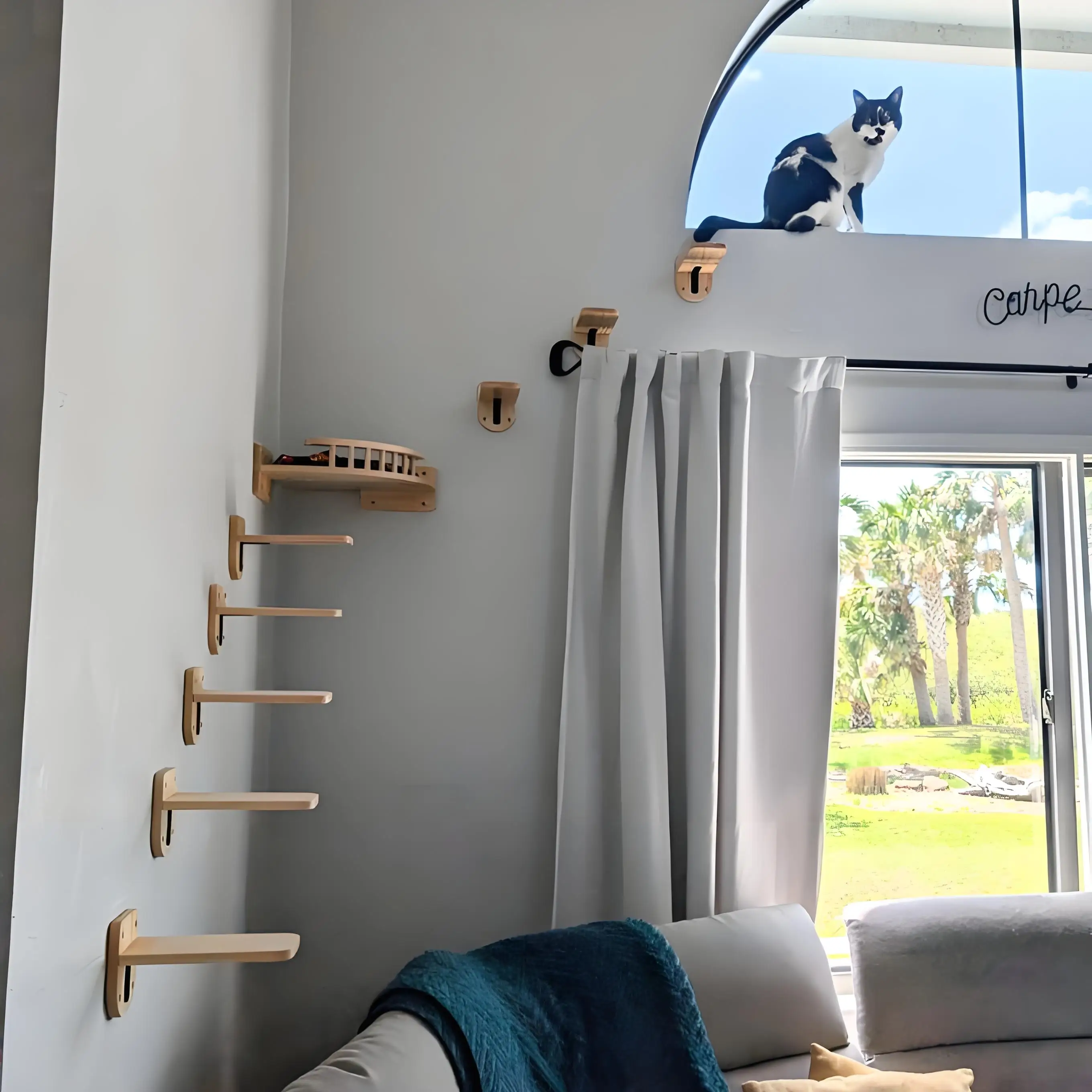 Percha de pared para gatos - estante de madera natural para interior - imagen 4
