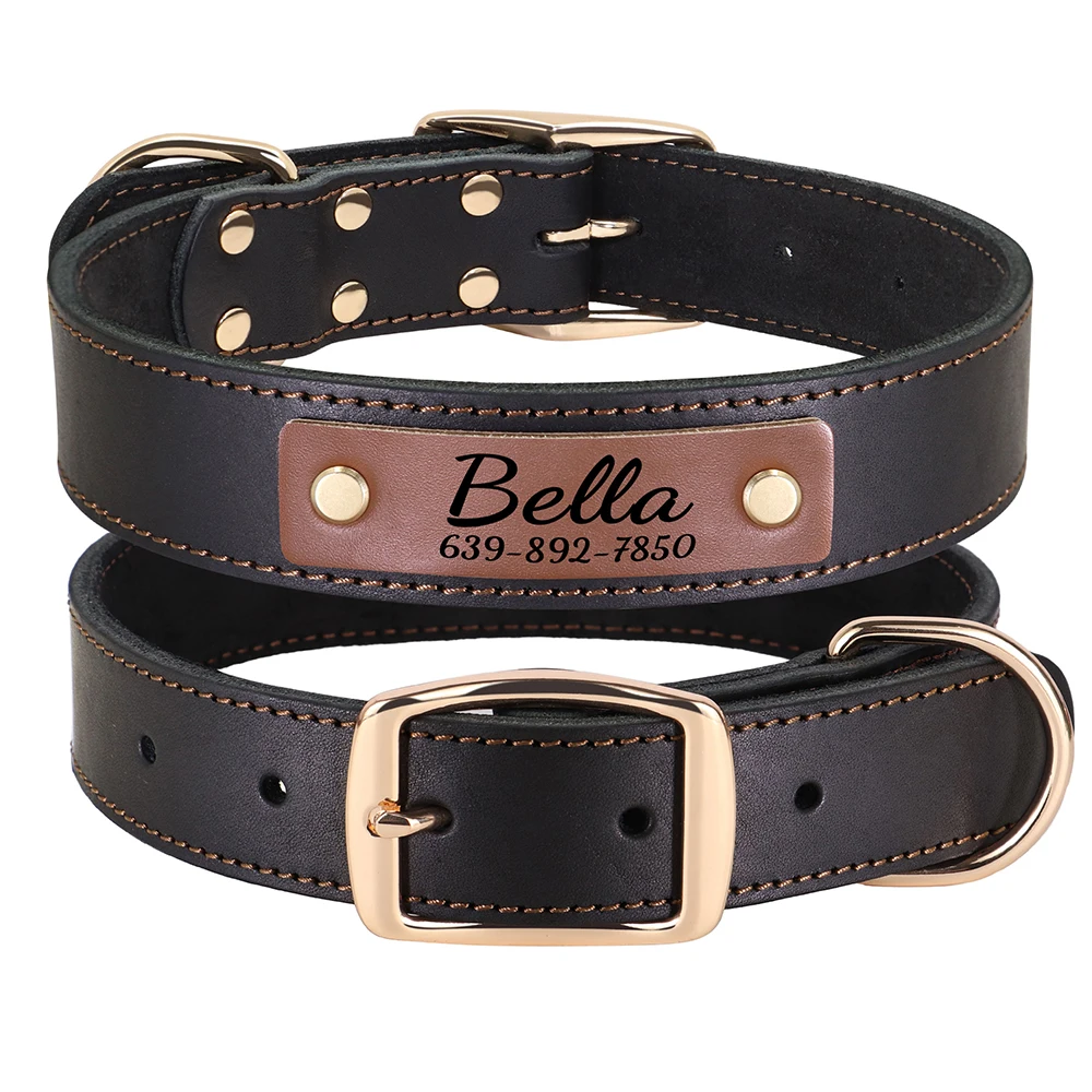Collar de cuero personalizado para perros, collares para perros personalizados, Collar de cuero genuino para mascotas para perros medianos y grandes, impresión gratuita, teléfono con nombre de mascota - imagen 3