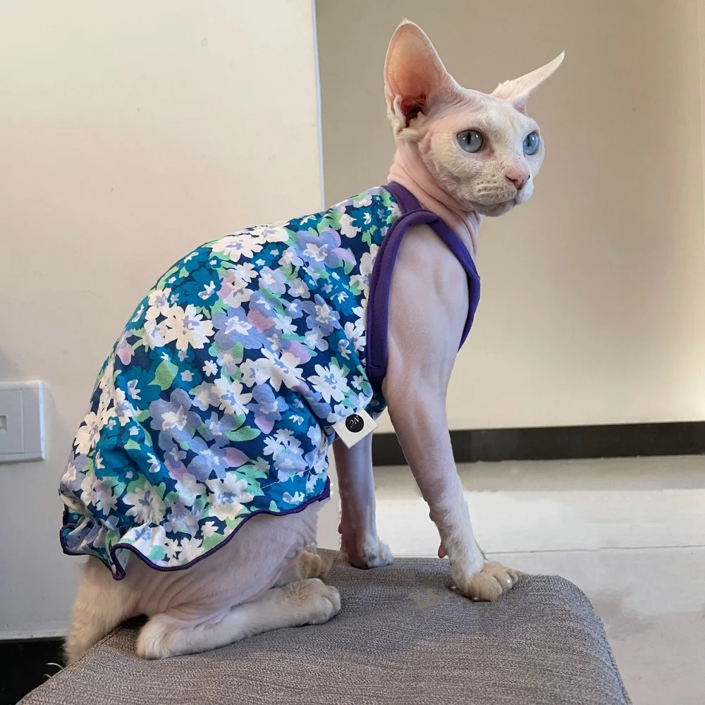 Chaleco fino de algodón de verano para gato sin pelo, falda camisola de estilo rústico Floral azul dulce para gato Sphynx, mono suave para gatitos