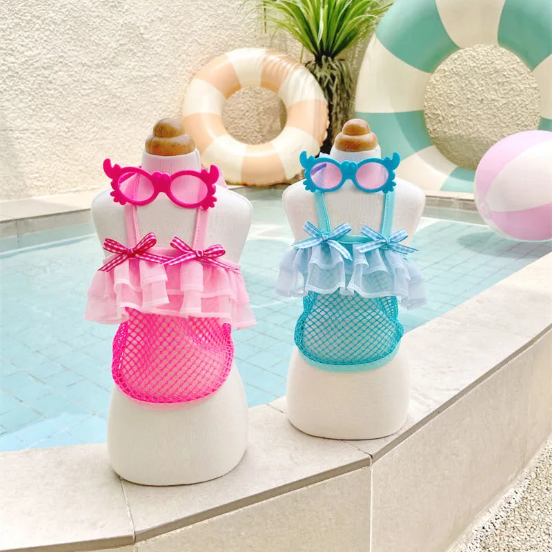 Camiseta sin mangas de malla para mascotas, bonito traje de baño de primavera, oso de peluche, camiseta sin mangas transpirable para perros pequeños + sombreros, ropa para cachorros - imagen 3