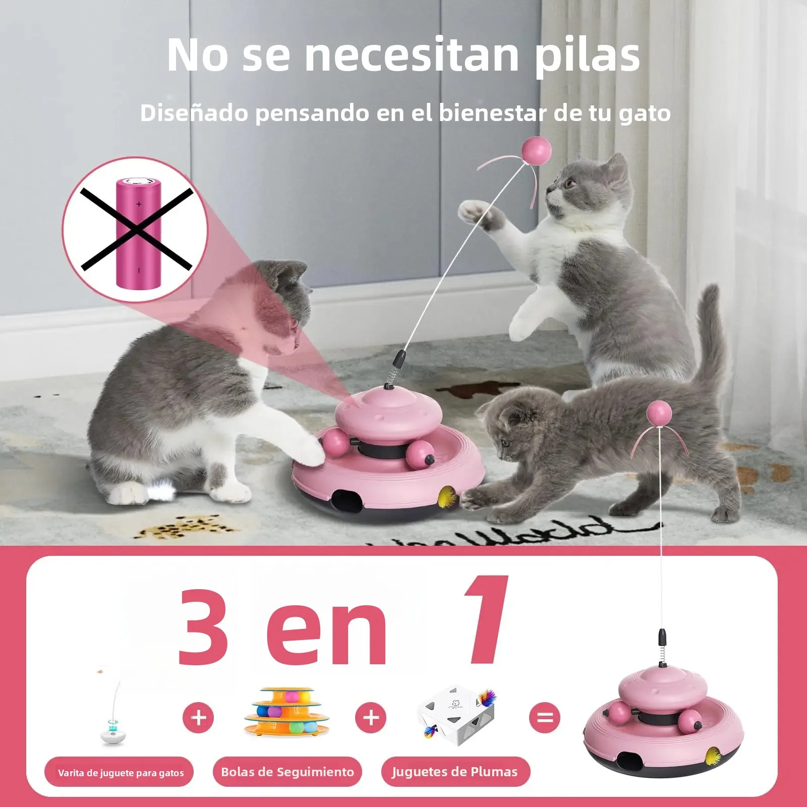 Juguete interactivo 3 en 1 para gatos de interior, varita rompecífica, pista de pelota y juego Whack-a-Mole, no necesita baterías resistentes