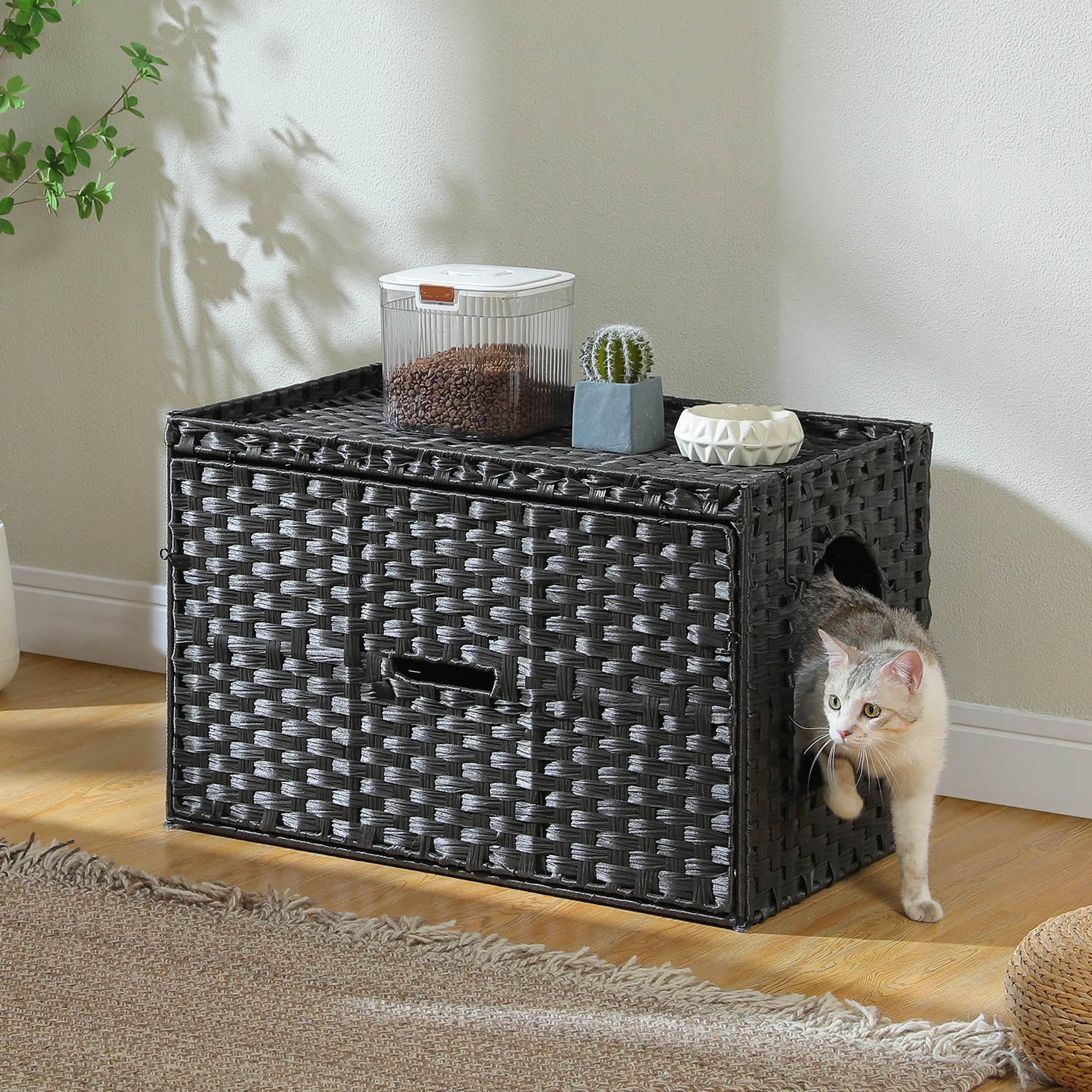 Caja de arena para gatos de ratán con puerta más alta y diseño abatible, alfombrilla con borde elevado más espacio, muebles para gabinete de casa para gatos - imagen 3