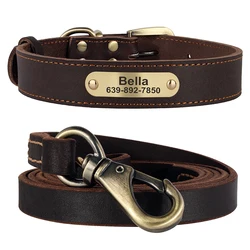 Collar personalizado para perro con correa y placa grabada - cuero