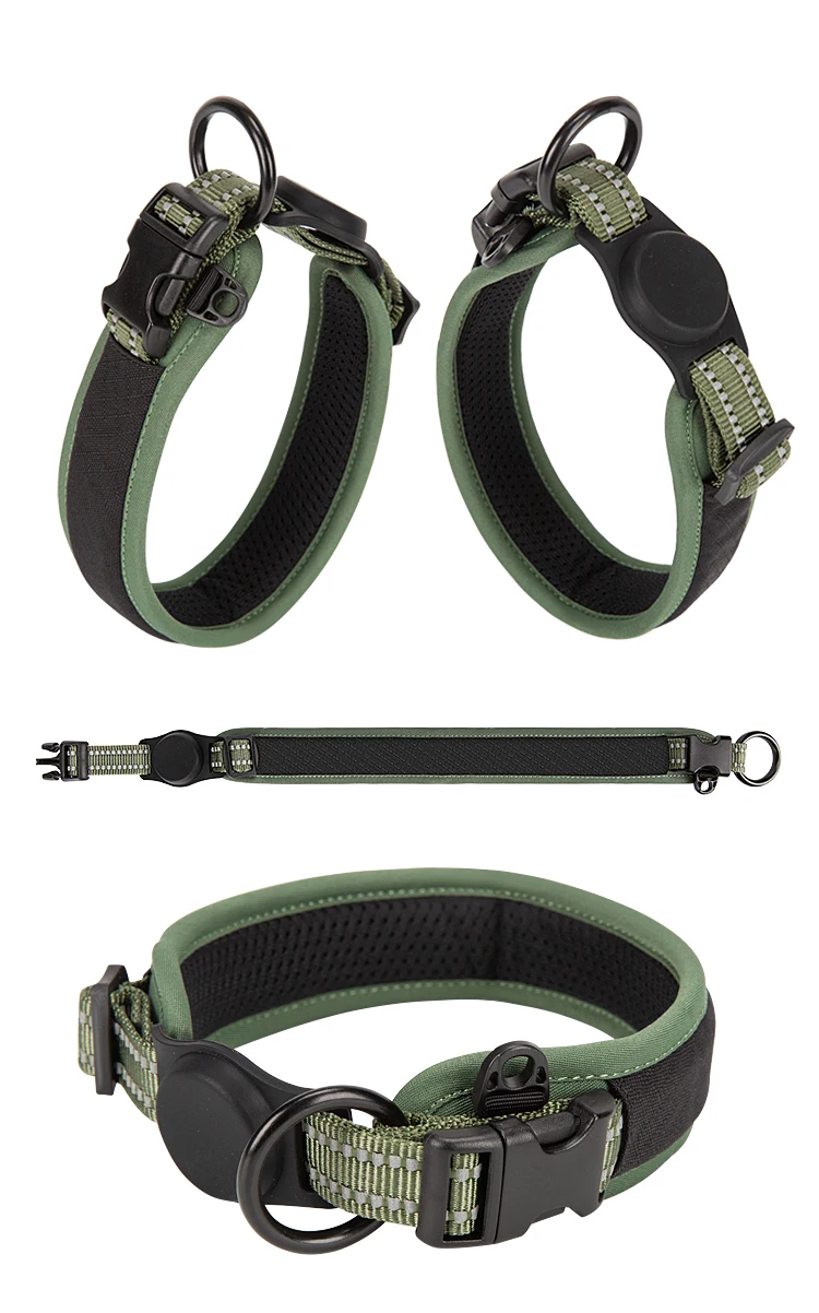 Un collar de perro verde y negro con correa adjunta