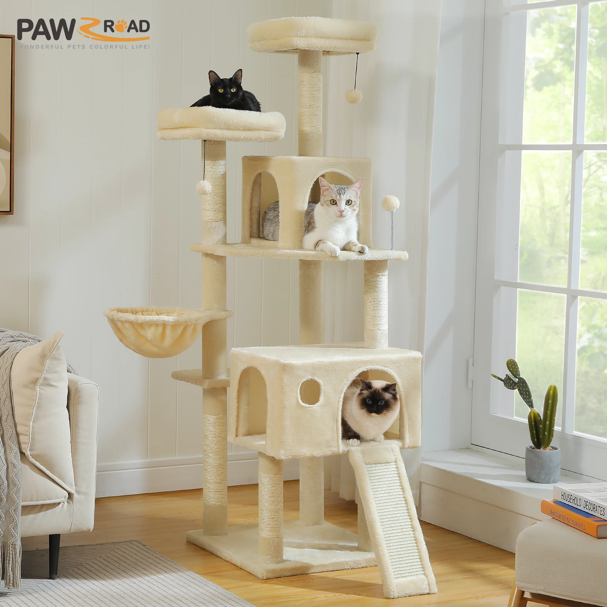 Torre de árbol para gatos de varios niveles con poste rascador de Sisal y almohadilla, hamaca acogedora, Condo grande de lujo para gatos de interior, accesorios para gatos de juguete - imagen 5