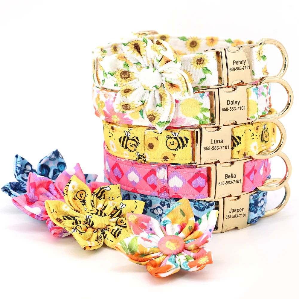Collar de nailon personalizado para perro, accesorio con estampado de flores, identificación de mascotas, antipérdida para perros pequeños y grandes - imagen 2