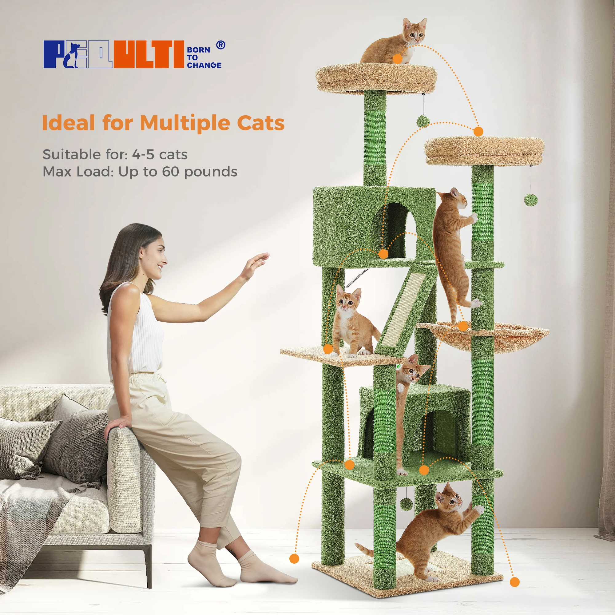 Árbol para gatos de varios niveles de lujo, 180cm, condón de felpa, 6 postes para rascar, 2 tablas, perchas, cuádruplas, pompones de hamaca para felinos activos - imagen 2