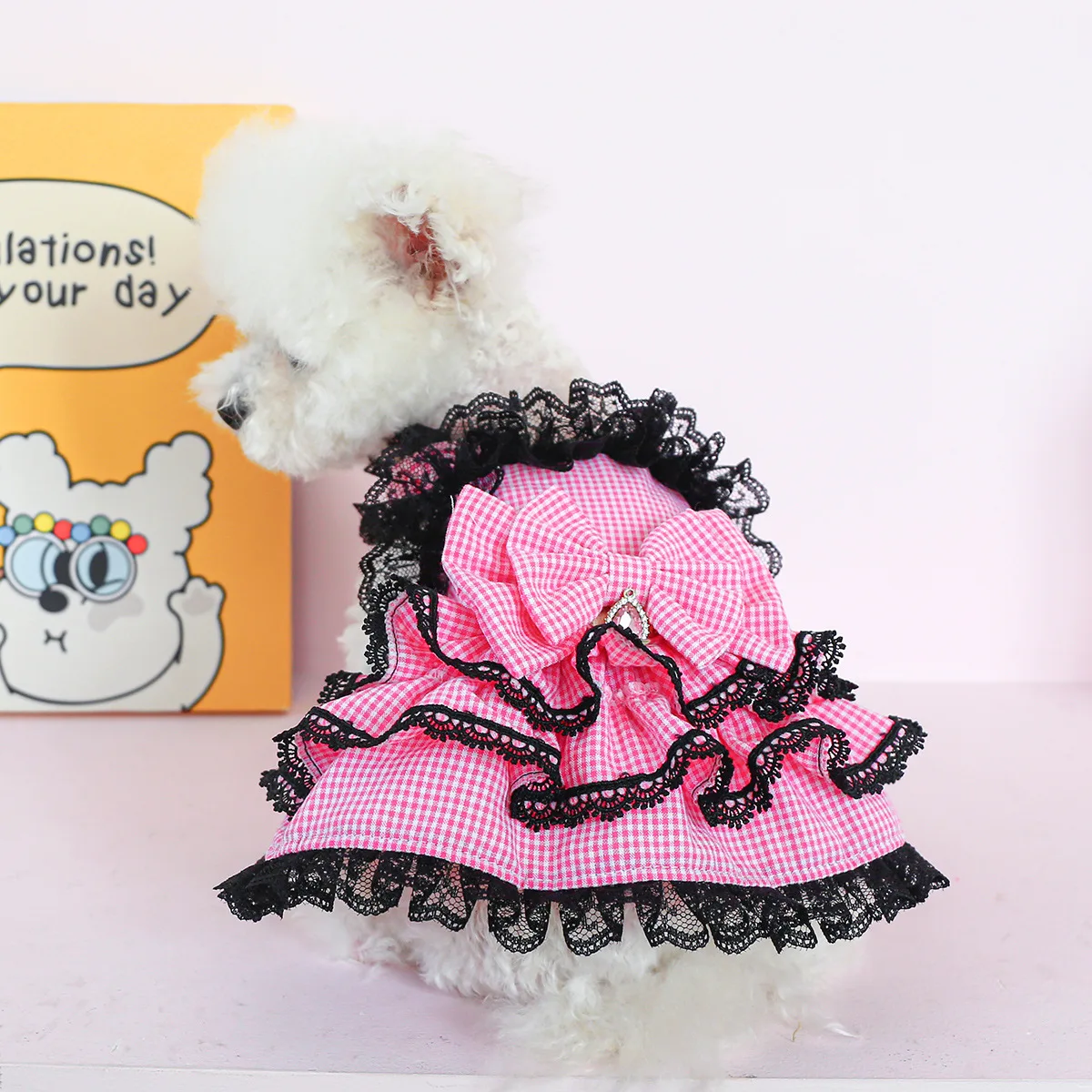 Vestido con lazo de primavera para mascotas, ropa informal de princesa para perros pequeños y medianos con tirantes a cuadros rosas y flores, ropa para cachorros - imagen 5