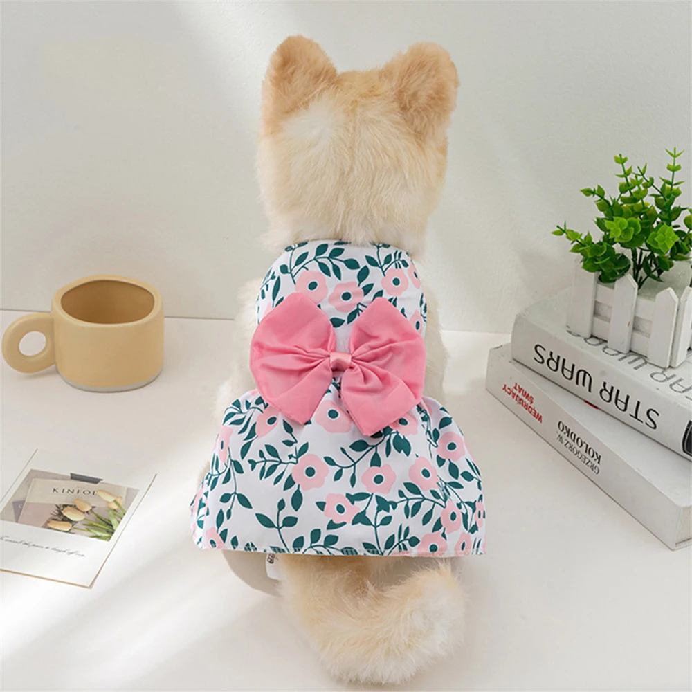 Lindo arco mascota gato vestido falda verano estampado de flores vestidos para perros pequeños caniche cachorro mascotas ropa vestidos para perritas - imagen 3