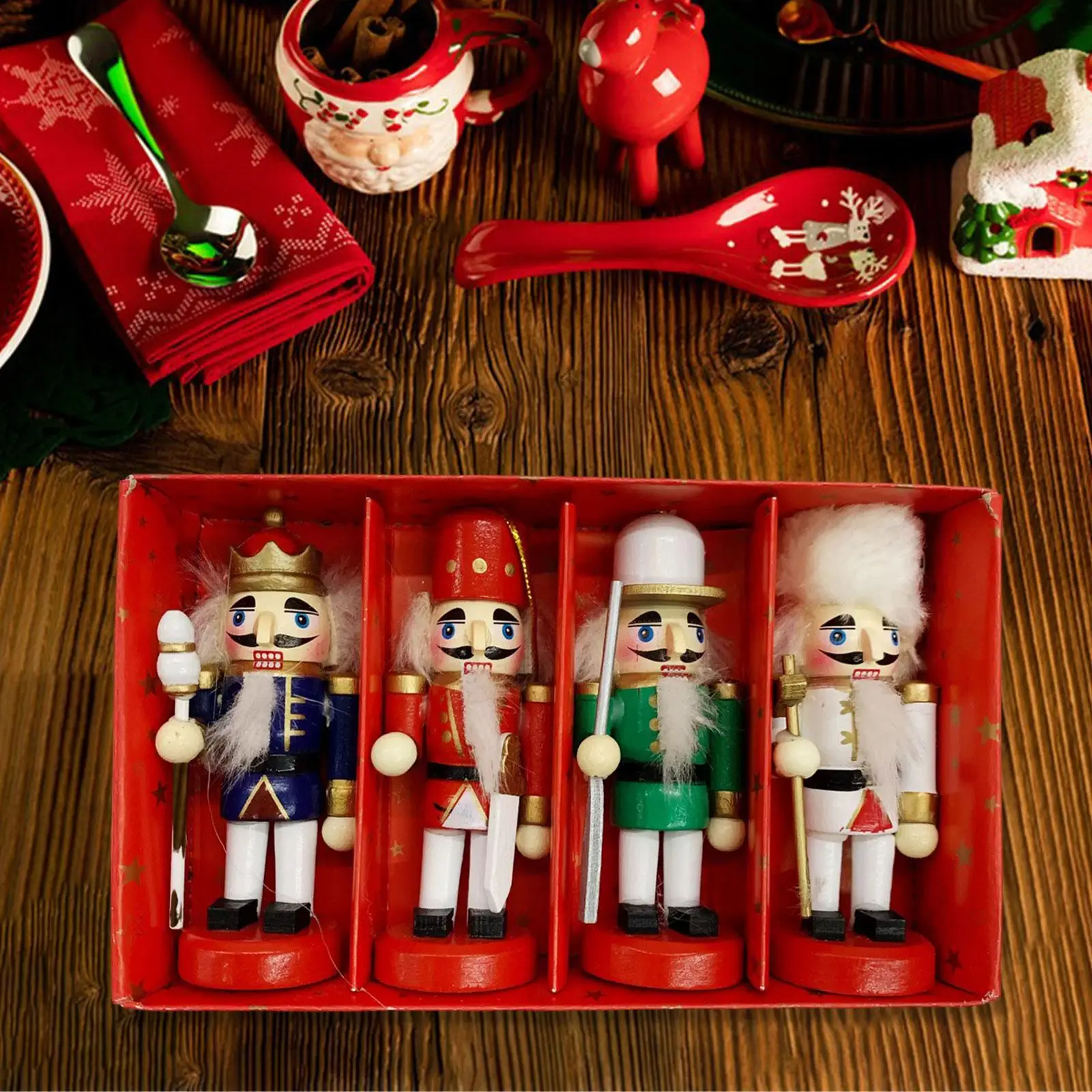 Set of 4 Wooden Christmas Nutcracker Handcrafted Sturdy for Table Display Lightweight Xmas Gift Collection Desktop Decoration