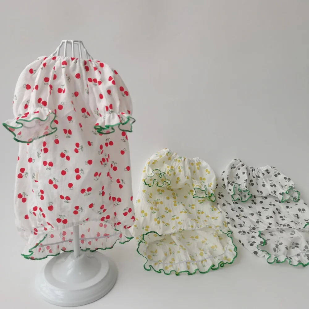 Vestido de verano para gata hembra con estampado de cereza y piña, falda de algodón transpirable con bordes en contraste, hecho a medida para gatos Sphynx sin pelo. - imagen 2