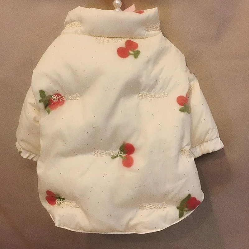 Lindo abrigo de algodón cereza ropa para perros chaqueta cálida ropa para perros gato estampado pequeño invierno blanco moda chaquetas para perros - imagen 2