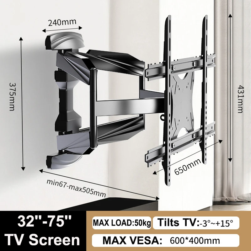 Soporte de montaje en pared para TV, soporte de TV inclinable de movimiento completo para pantalla de TV de 32 ''-75'', carga de hasta 40kg, VESA 400x600mm - imagen 2