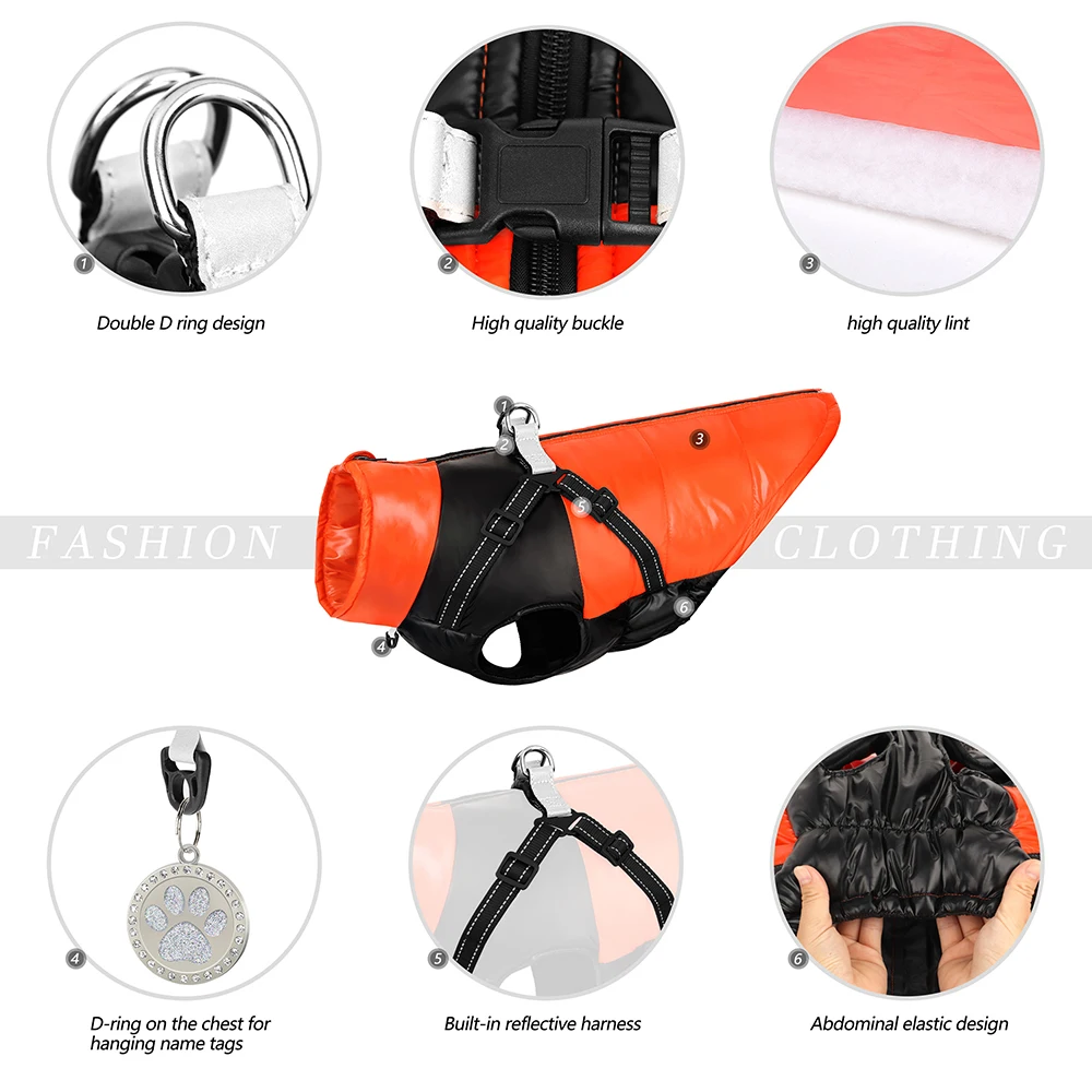 Chaqueta cálida de invierno para perros, ropa para mascotas con arnés, abrigo reflectante suave impermeable para cachorros, chaleco para perros pequeños, medianos y grandes, S-2XL Pug - imagen 3