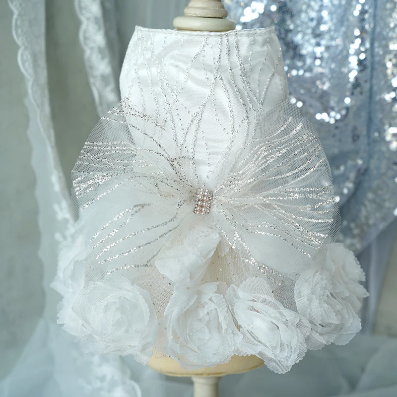 Vestido de cachorro de diseñador de lujo para novia, traje de boda para perro blanco y rosa, disfraz Formal con encaje, flor rosa, ropa para perros pequeños - imagen 2