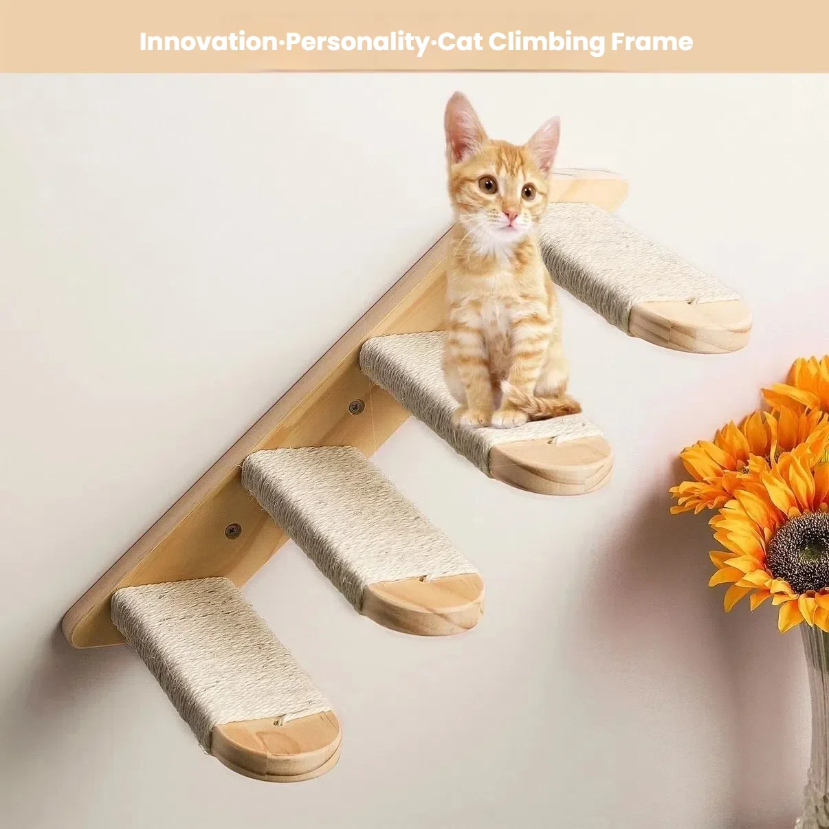 Estantes para gatos montados en la pared, estante de madera para escalar con apariencia de gato, muebles de árbol trepador de pared para gatitos, escalera de cuatro escalones, hamaca interior para gatos - imagen 4