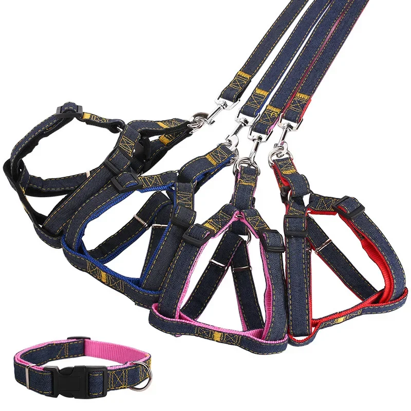 Collar de perro ajustable 3 en 1 Jean, conjunto de correa, suministros para mascotas, entrenamiento grueso, juego de tracción de plomo para caminar, arnés de nailon para perros S-XL - imagen 5