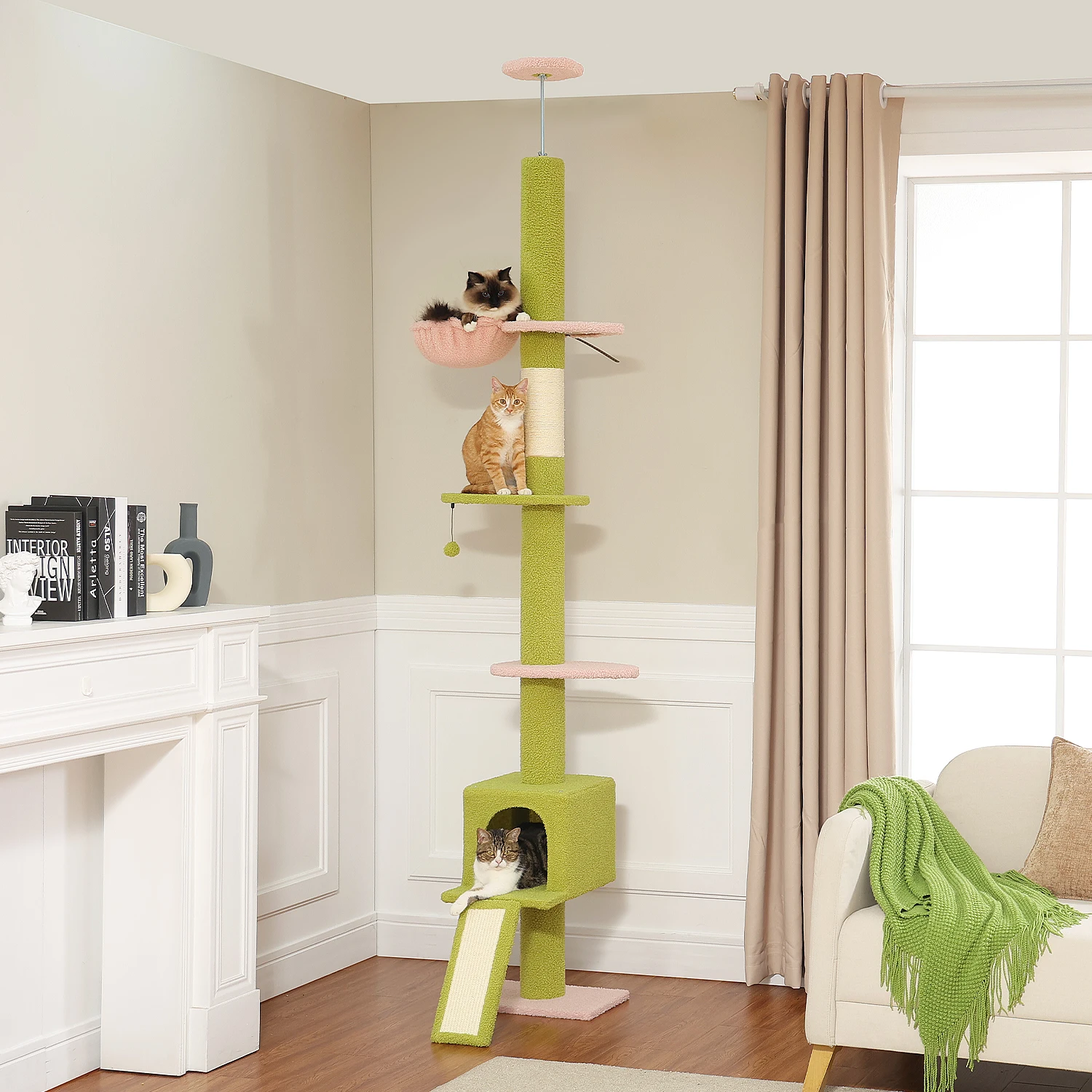 Torre alta para gatos de piso a techo con postes rascadores de Sisal Natural, escalera para rascar, hamaca acogedora y condominio privado, juguetes para gatos - imagen 4