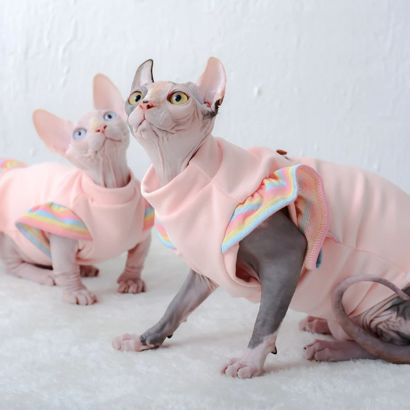 Ropa cálida de invierno para gatos, vestido de camiseta para gatos, camisas transpirables con mangas con volantes de arcoíris, jersey de algodón sin pelo para gatos Sphynx - imagen 5